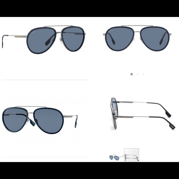 BURBERRY UNISEX GUNMETAL DARK BLUE PILOT AVIATOR LOGO SUNGLASSES - Picture 8 of 14